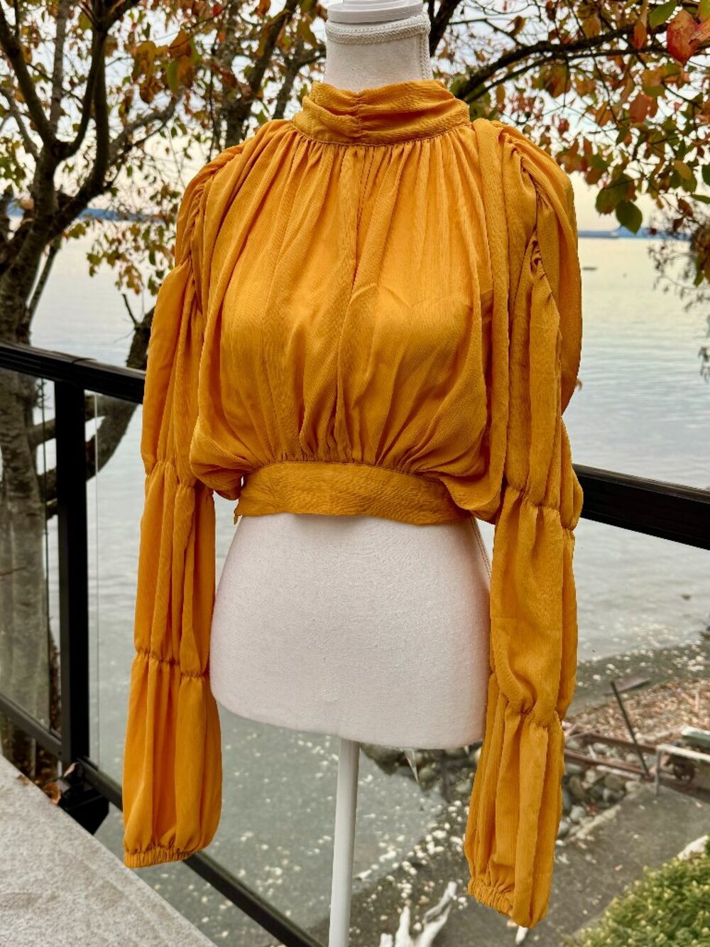 Mustard Yellow Chiffon Boho Long Sleeve Cropped Shirt M